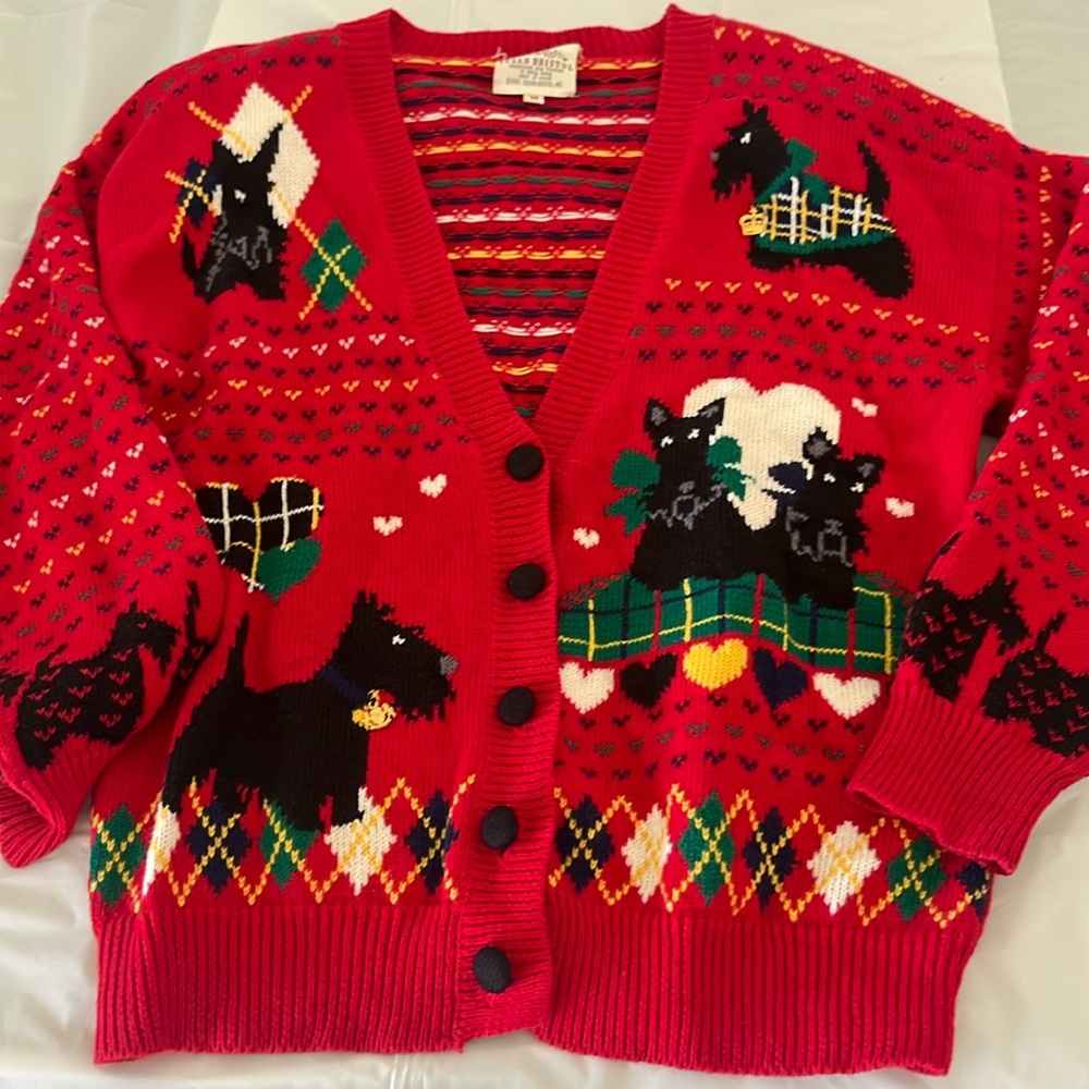 Vintage 1992 Susan Bristol Red Cardigan Knit Sweater with York Dogs/ Size Medium